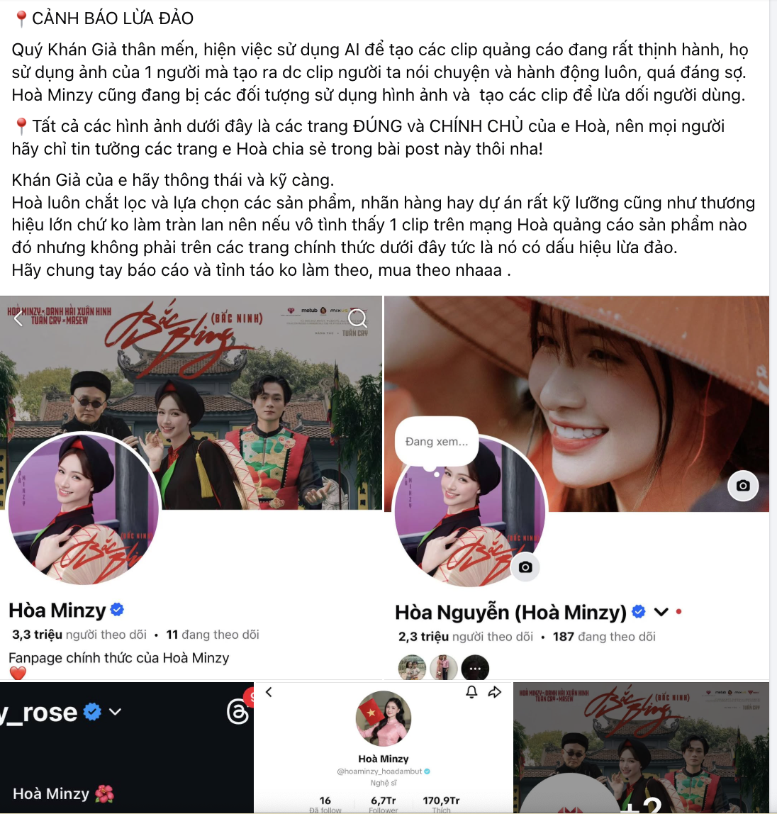 Bài đăng cảnh báo của Hoà Minzy về tình trạng bị giả mạo tài khoản, hình ảnh cá nhân