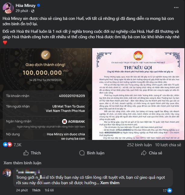 Hòa Minzy quyên góp hỗ trợ đồng bào vùng lũ